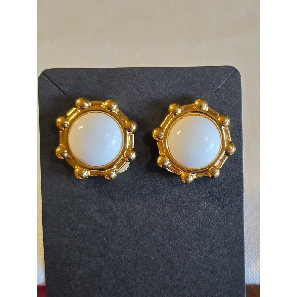 Vintage Monet Milk Glass Cabochon Clip On Earrings Gold Tone Beaded Statement